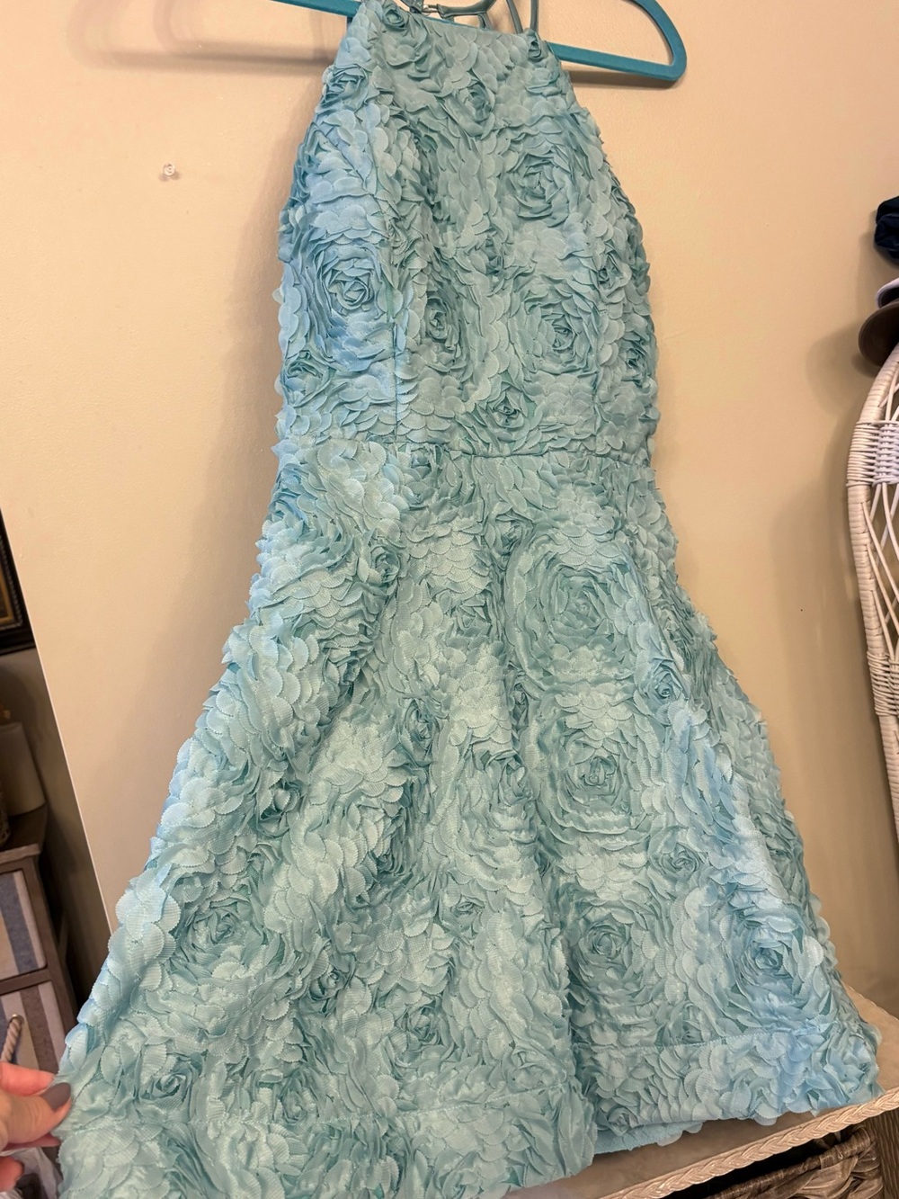 Teeze Me Floral Rosette Halter Dress in Light Blue Teal 7/9